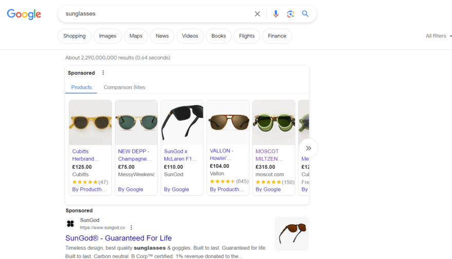 Google search results page for sunglasses