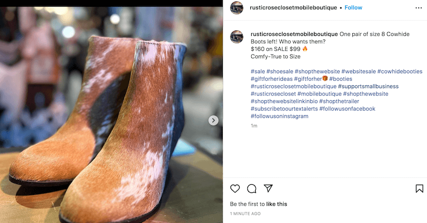 #SupportSmallBusiness hashtag post showing Rustic Rose Closet cowhide boots