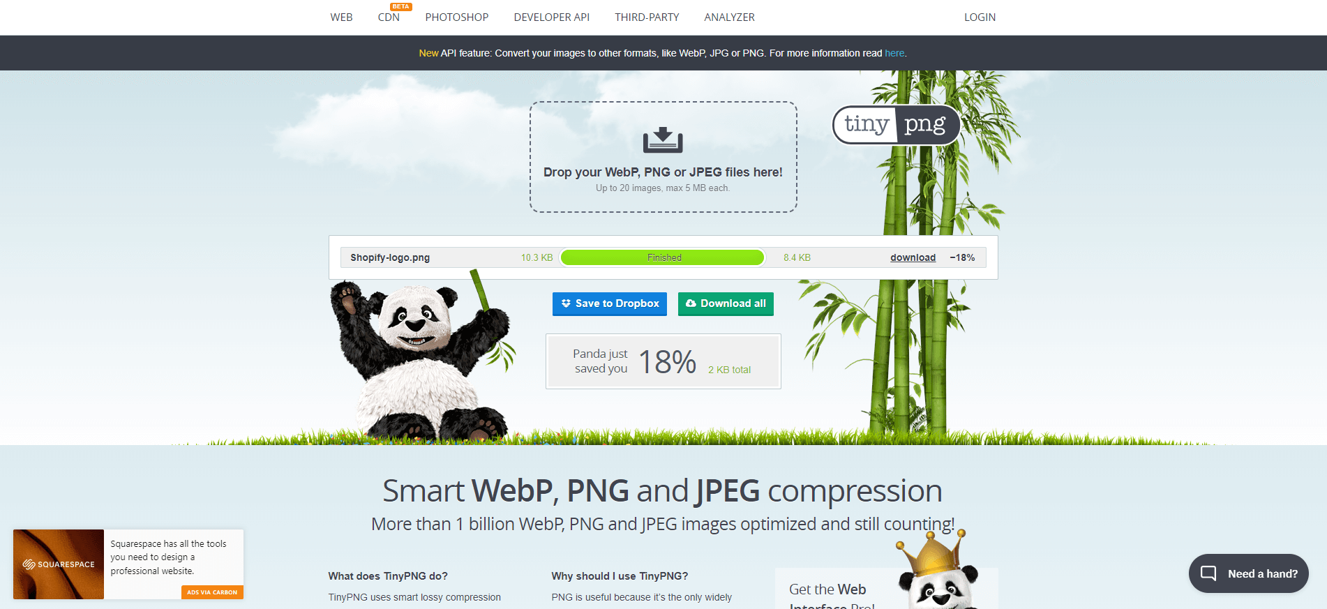Screenshot of TinyPNG being used to compress a logo