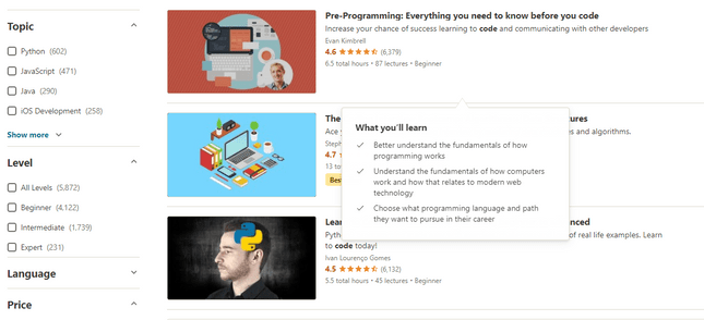 udemy coding courses search results