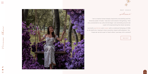 website bio with woman on dress in park swing with cursive text adjacent