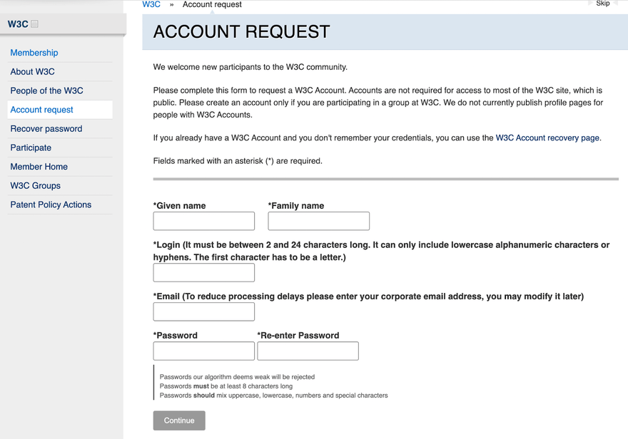 Account request from on W3C with ext descriptors and boxes