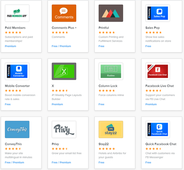 3x4 grid of apps in Weebly's app center