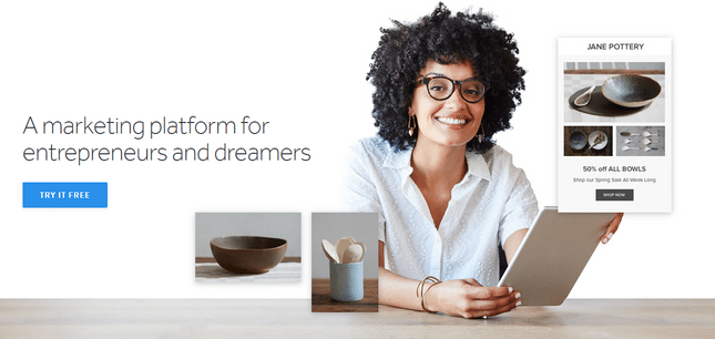 Smiling woman with a tablet, with promotional photos for Weebly Promote floating around her
