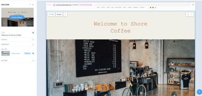 Wix ADI Smart Assistant with a pic of the 'Shore Coffee' location plus a left hand side menu