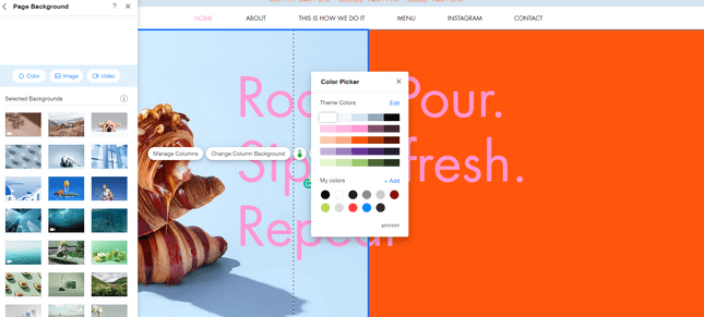 Wix editor Change Background Color clicking on element then revealing colour palate to change and edit