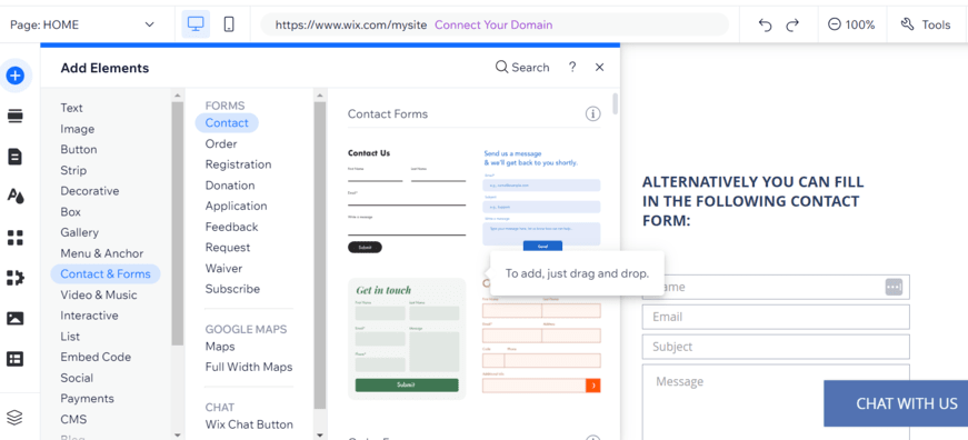 Pop out sidebar showcasing Wix's pre-designed elements such as contact forms