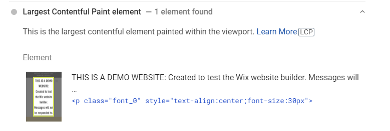 wix demo site LCP pagespeed identifier