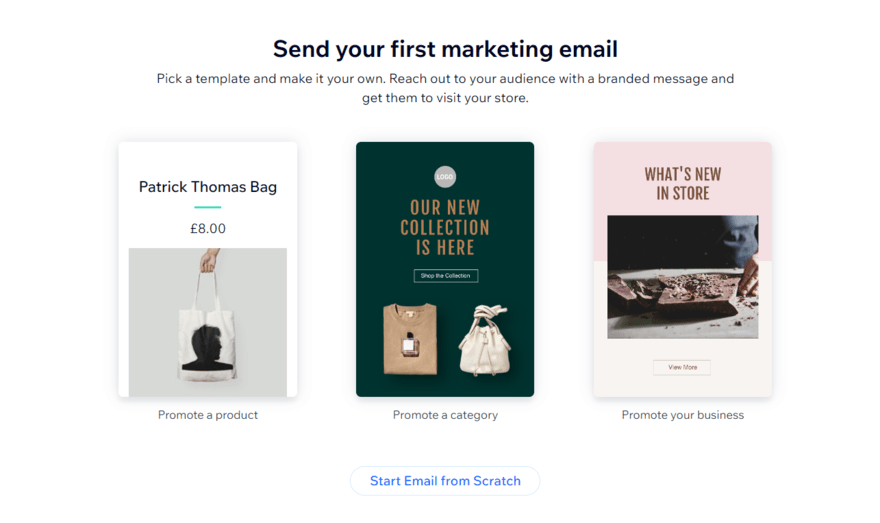 Selection of three email marketing templates by Wix