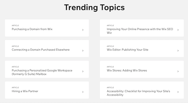 Wix Help Center Trending Topics screenshot
