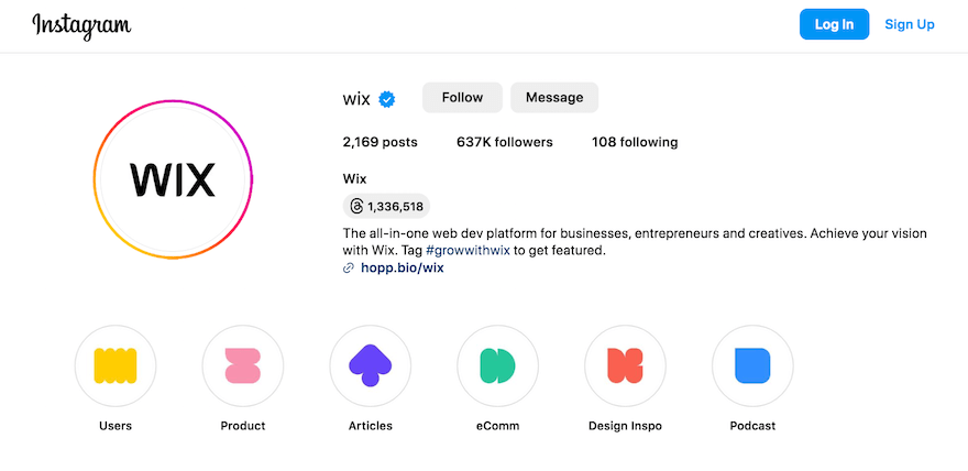 Wix Instagram profile screenshot