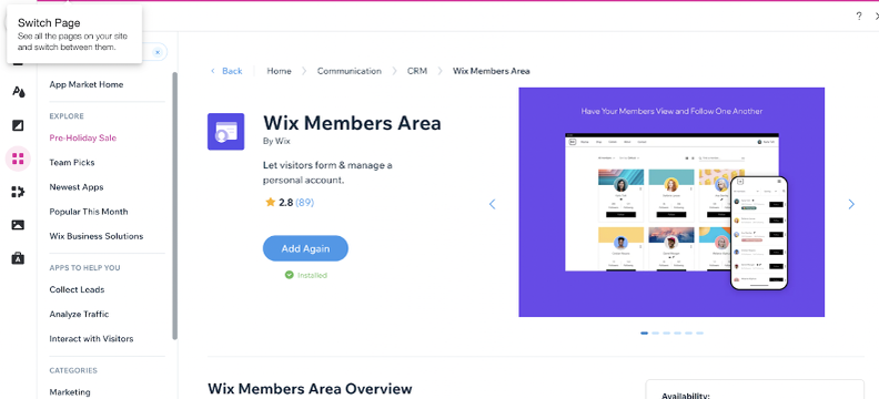 screenshot of the wix member area as a plugin on the wix app store