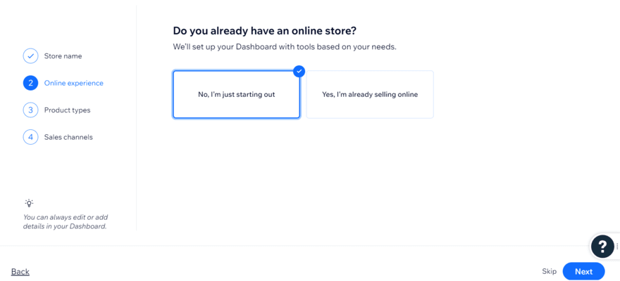 Wix onboarding questions asking the user if they already have an online store