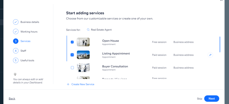 Wix onboarding form when setting up a website