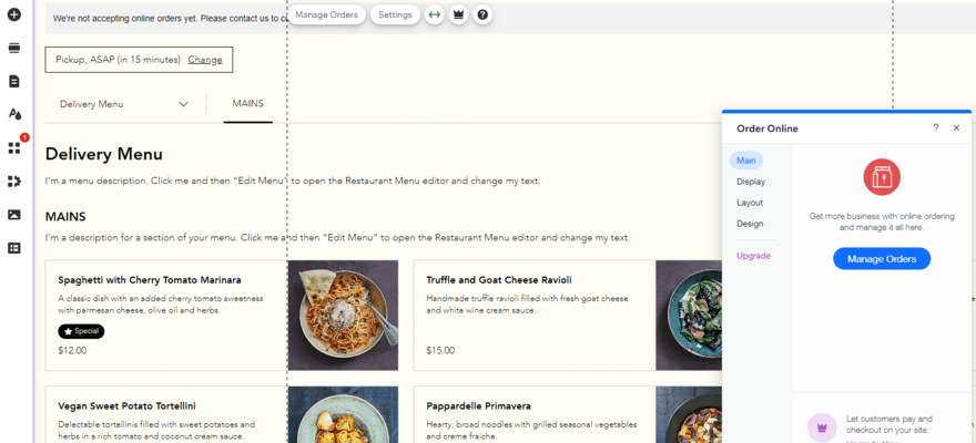 Setting up online ordering in Wix test website