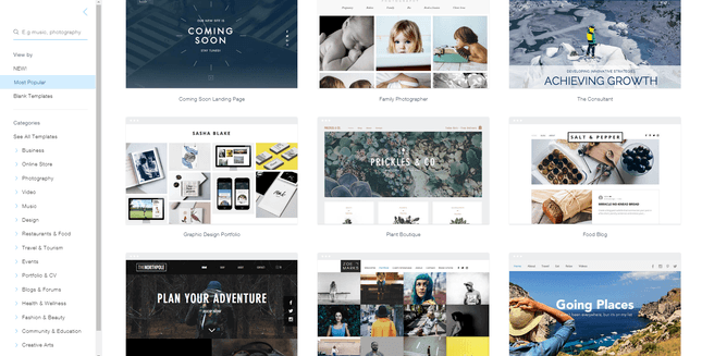 Wix template section with images of themes to choose