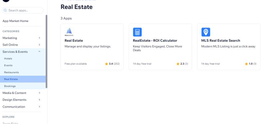 Row of three real estate-related apps to integrate with Wix