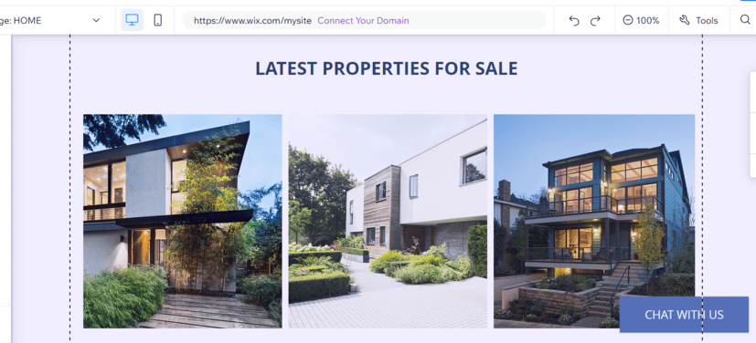 Real estate template in Wix's website builder editor, showing latest properties for sale