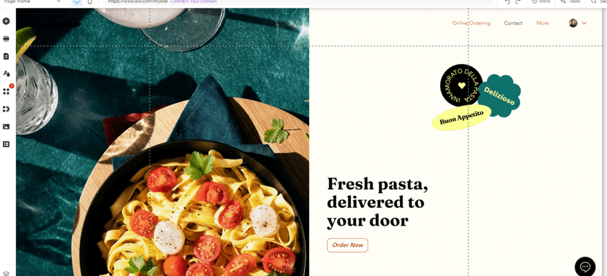 Wix template for a restaurant in its website editor