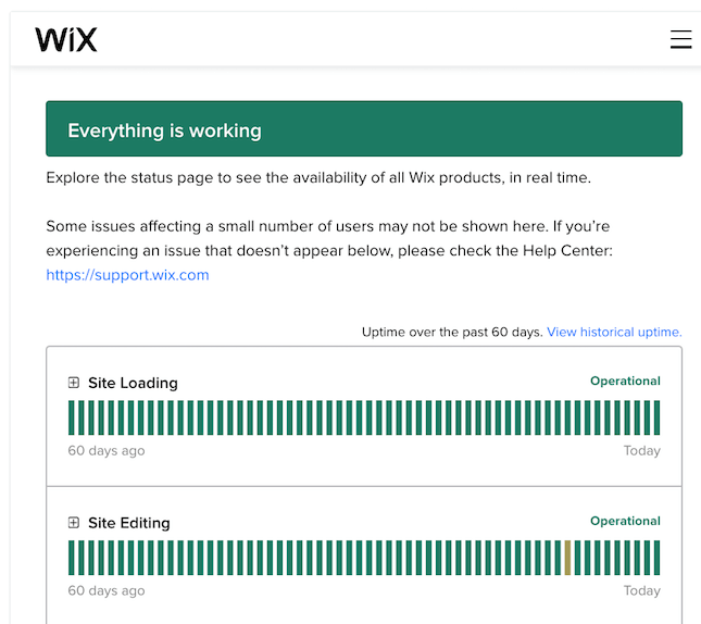 Wix Services Status Page screenshot