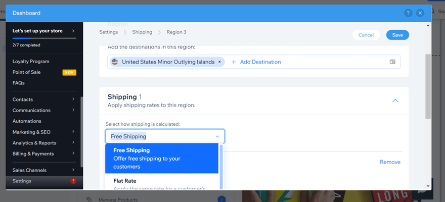 An image of Wix's white shipping page, with a drop down showing users how to change shipping destination.