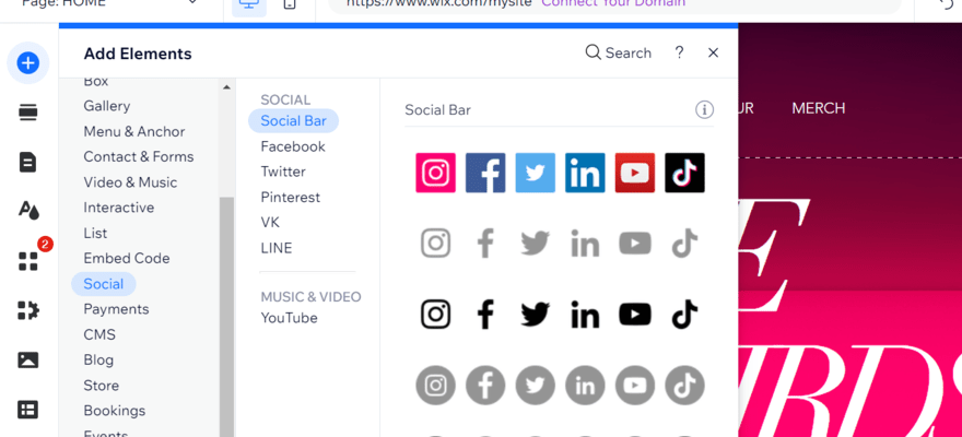 Wix element library showing rows of social links
