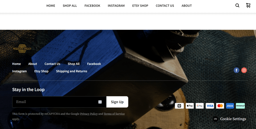 Footer on Wooden Ingot website showing sign up box, navigation links, social media links, and payment options