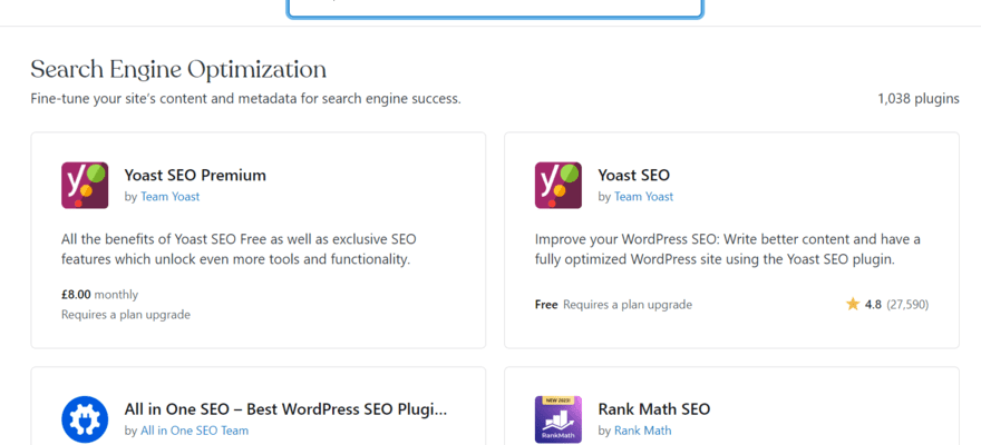 Selection of SEO plugins available with WordPress.com