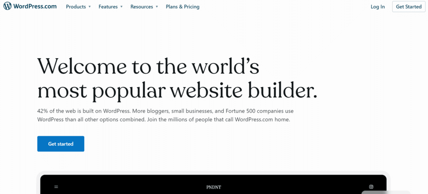 WordPress.com's home page welcoming visitors with a blue Get Started button
