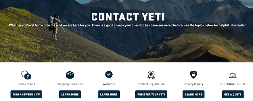 Yeti contact us page full width image with six contact options