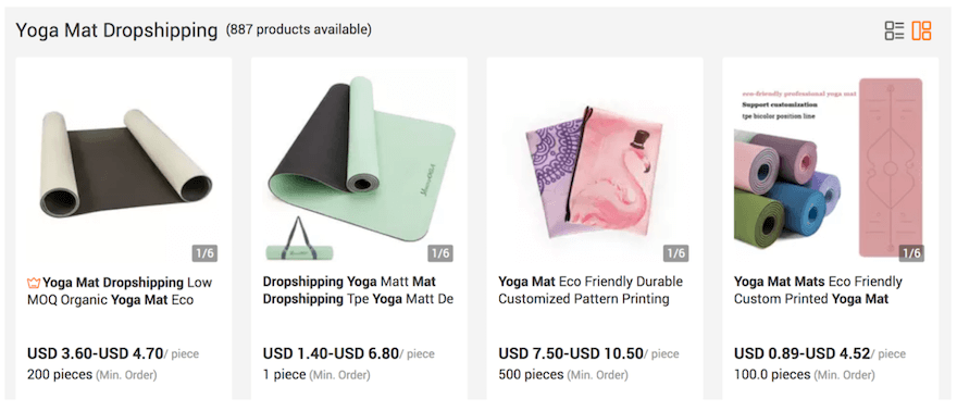 Yoga mats product pages that are able to be dropshipped