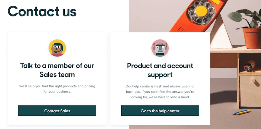 Zendesk contact us page with two contact options